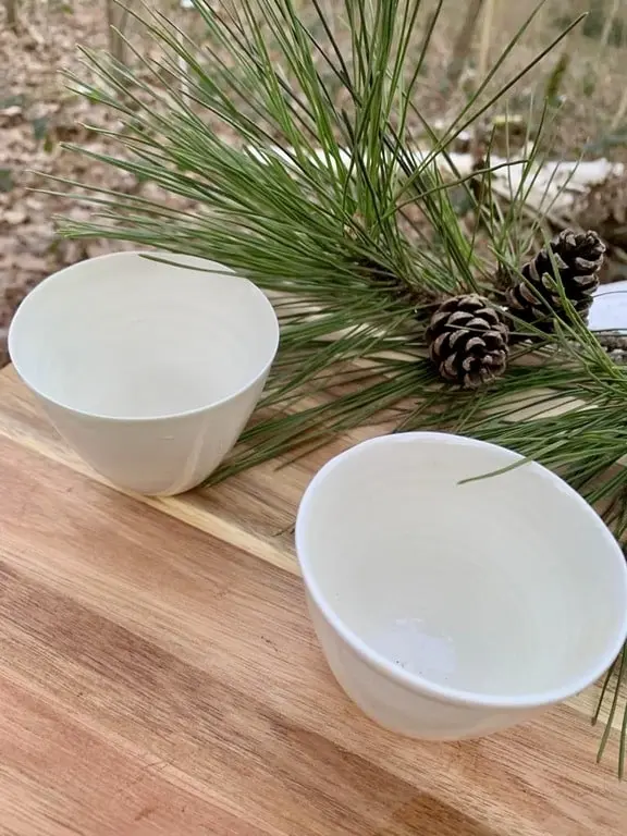 Deux bols en porcelaine blanche avec branche de pin
