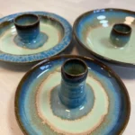 Coupelles à bougeoir central en céramique émaillée bleu et vert