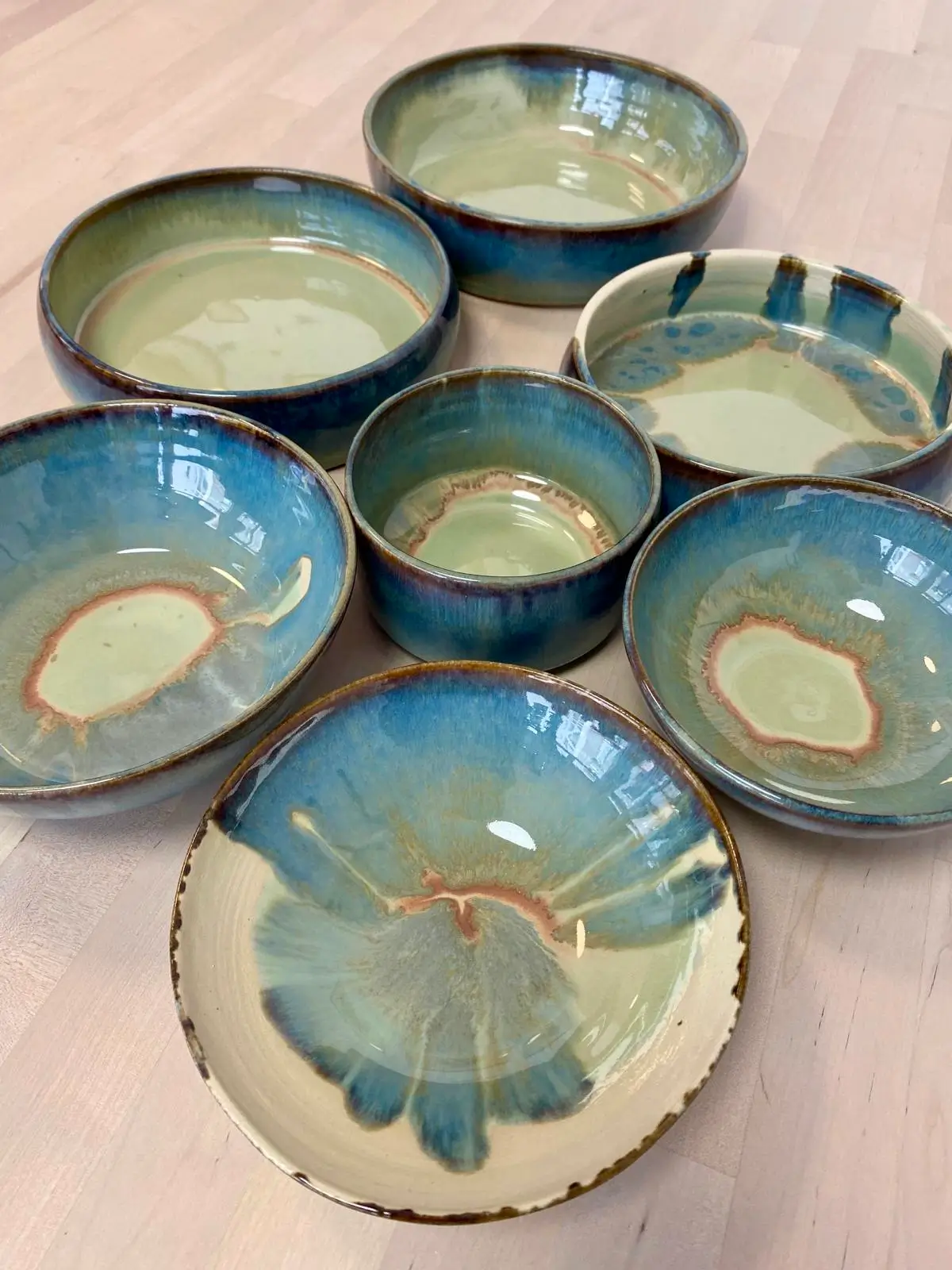 Petits bols en céramique émaillée bleu et vert, collection mélange d'émaux